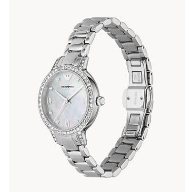 Emporio Armani Cleo Crystals Mother Of Pearl Dial Silver Steel Strap Watch For Women - AR11484
